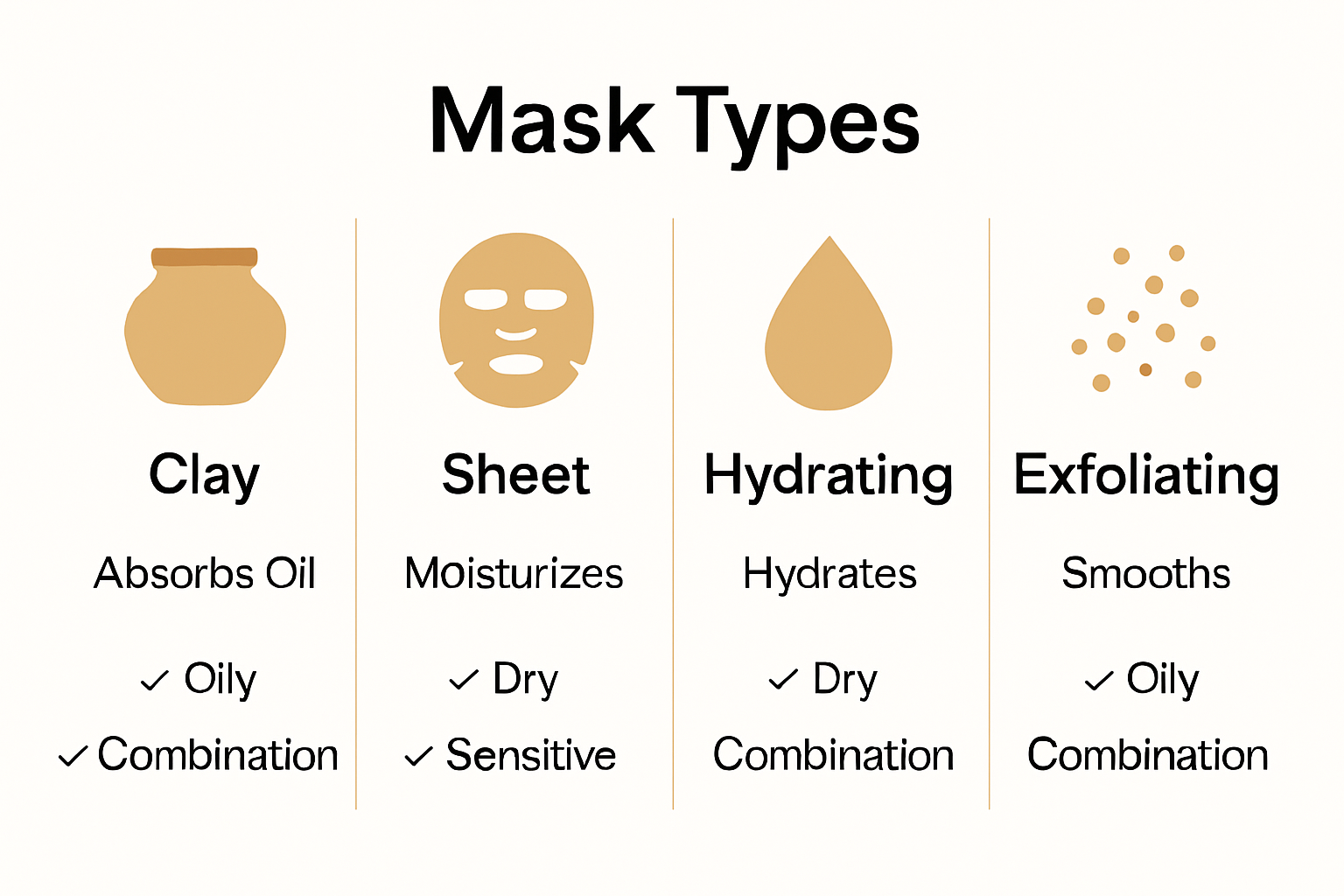Infographic comparing four facial mask types with icons and key benefits.