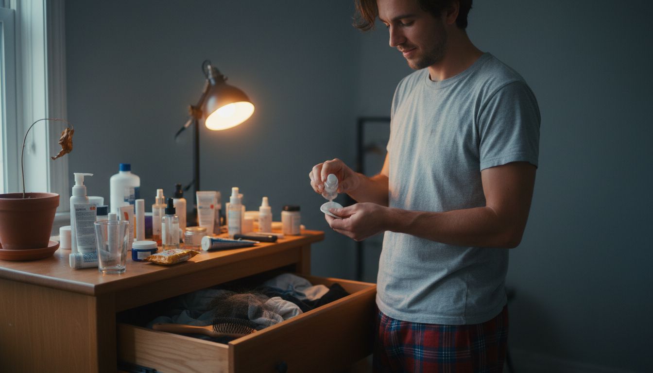 Un homme utilisant du tonique dans une commode en désordre