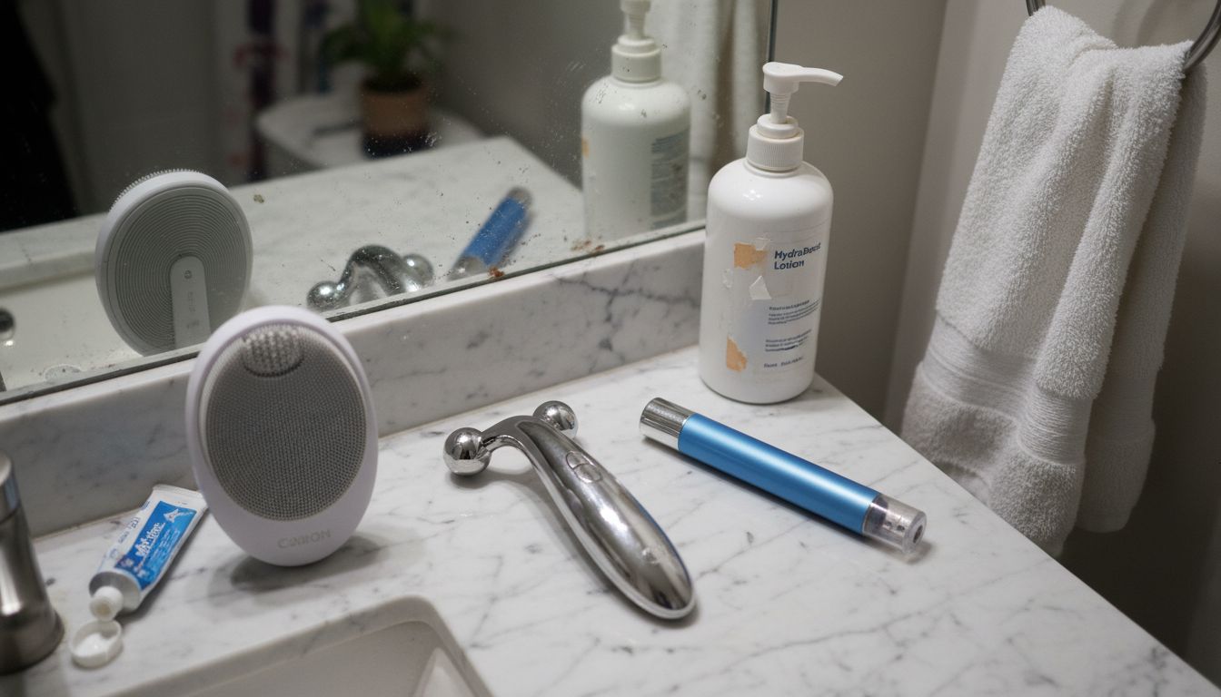 Dispositifs de beauté en gros plan sur le meuble de salle de bain