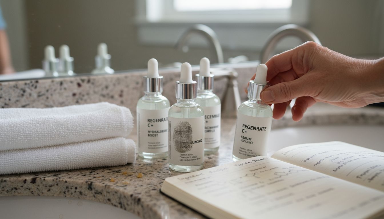 Clinical serums and ingredients on bathroom counter