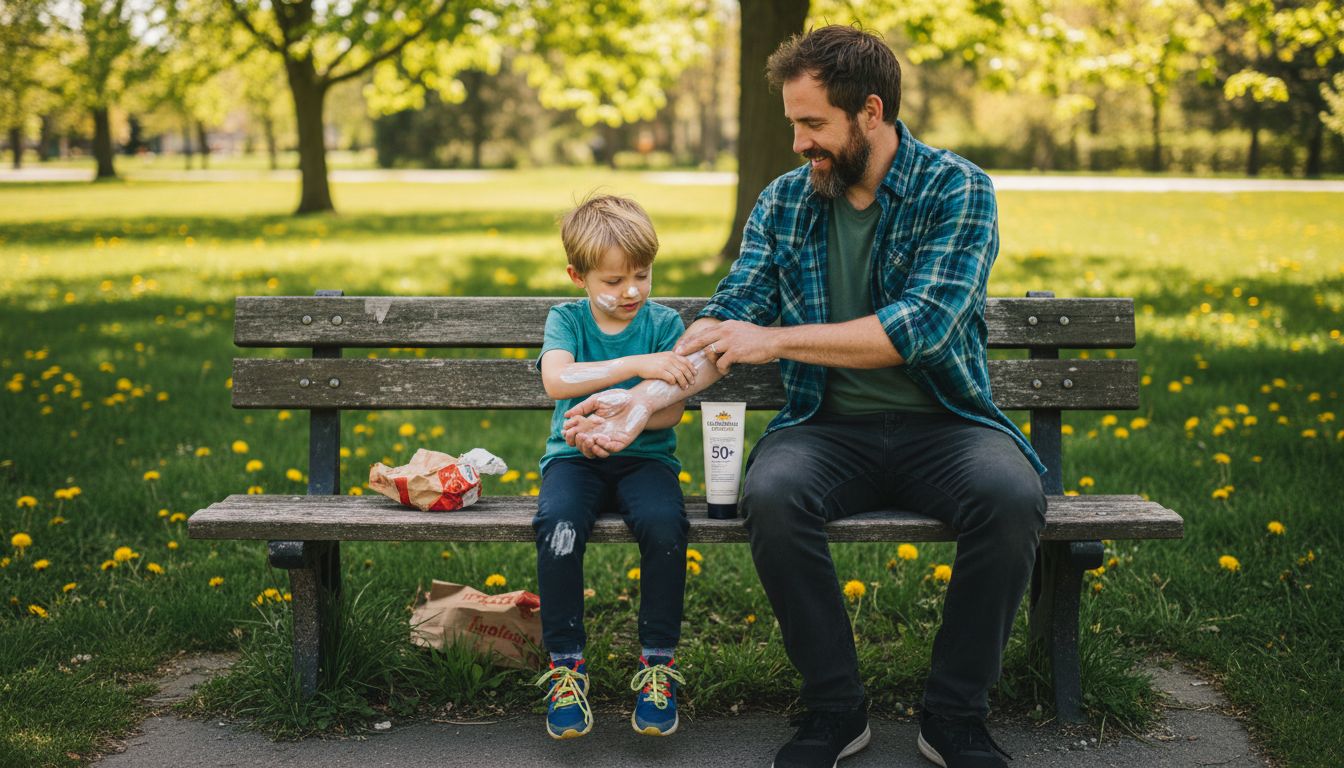 Family applies sunscreen on sunny park bench