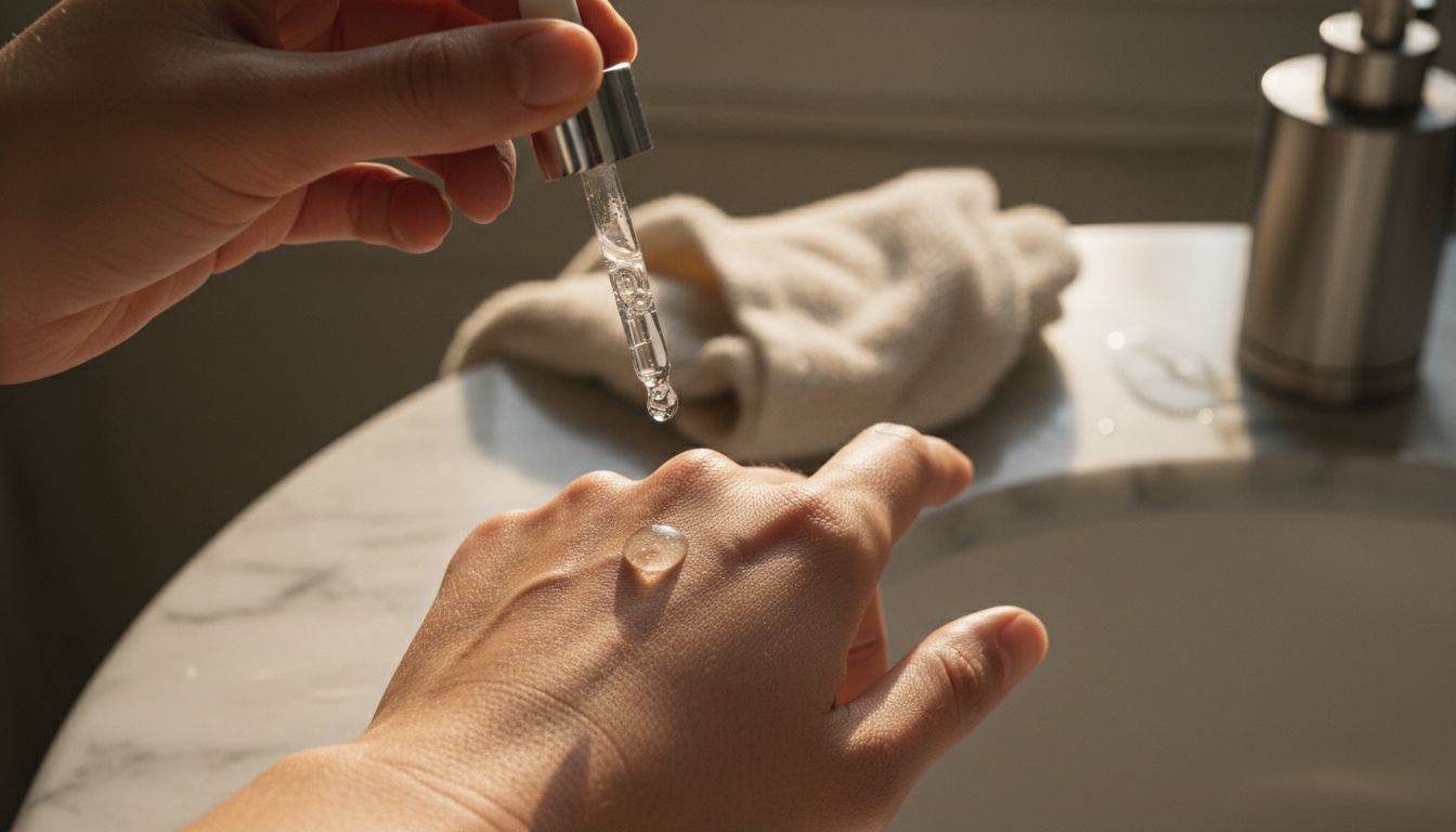 Détail du sérum en gros plan sur la peau de la main