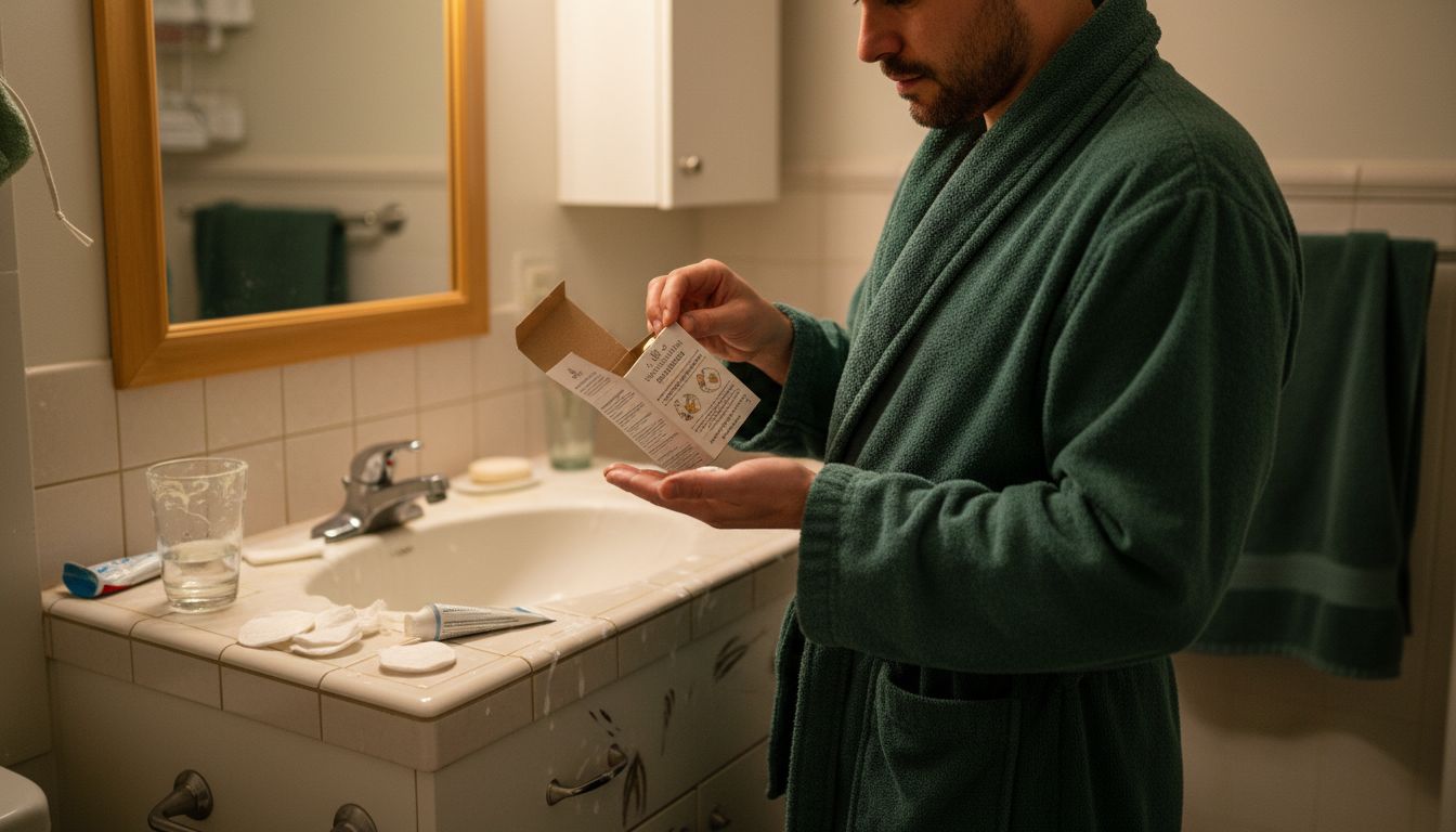 Man preparing exfoliant in bathroom scene