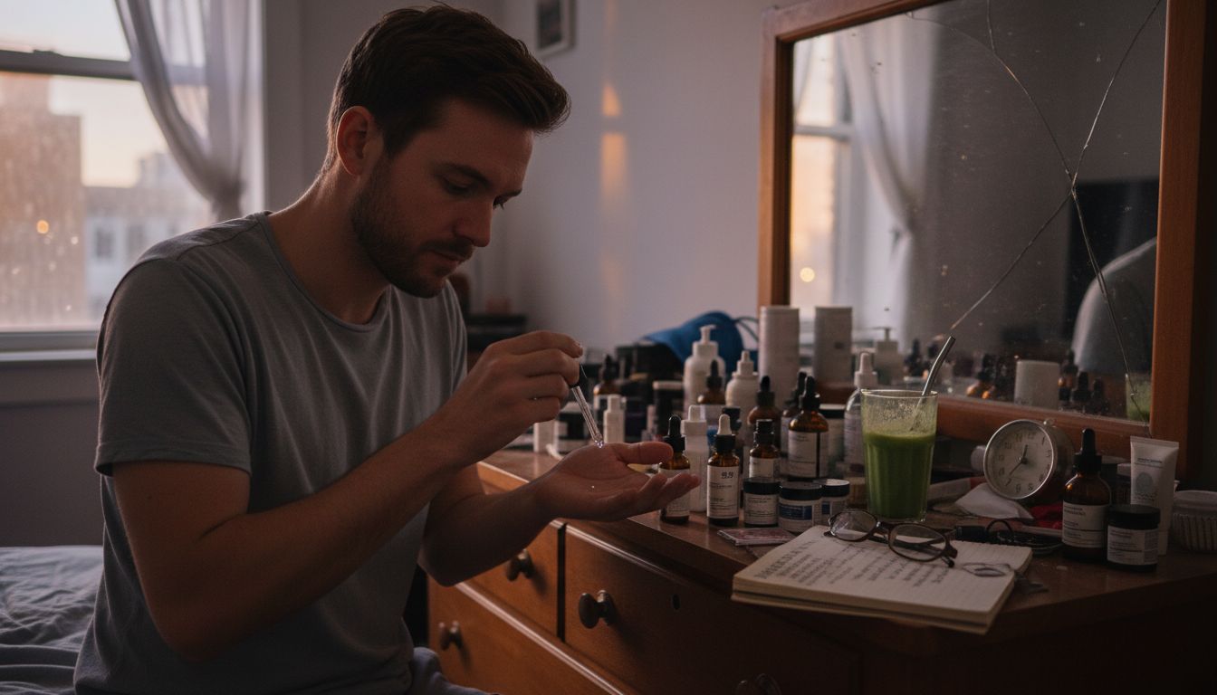 Superposition de produits de soins de la peau pour hommes à la commode