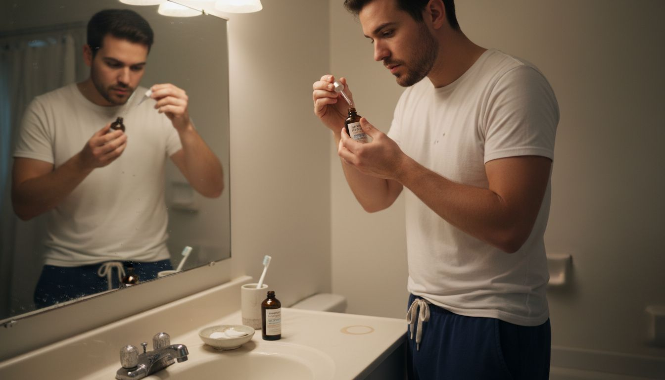 Homme qui applique un sérum la nuit dans la salle de bain