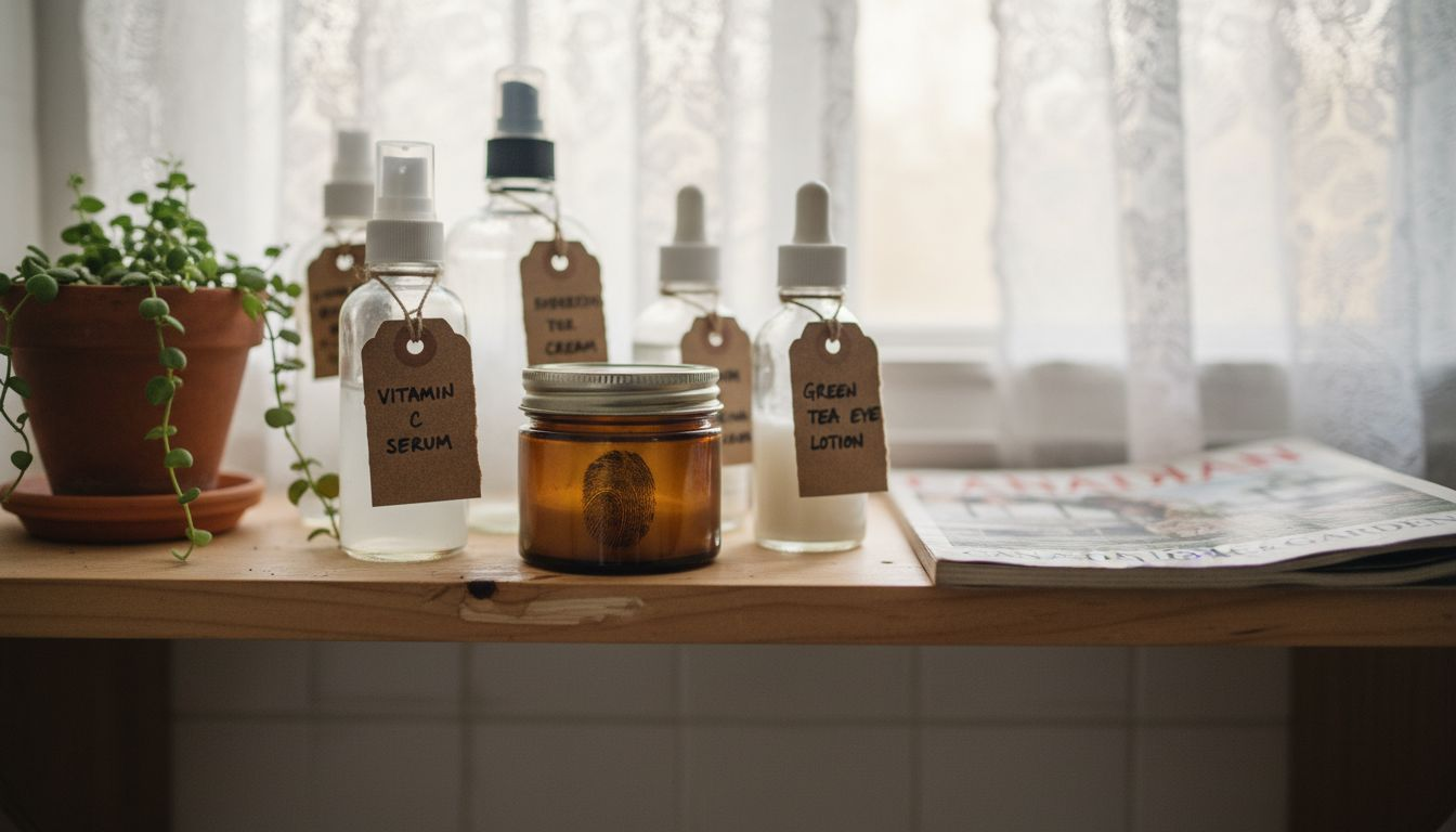 Closeup of antioxidant skincare on shelf