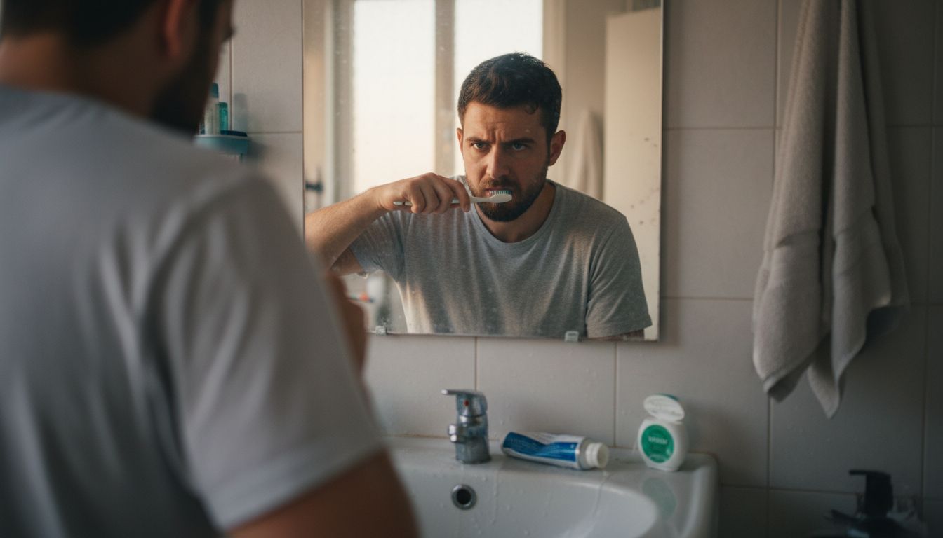 Man brushing teeth in cluttered bathroom