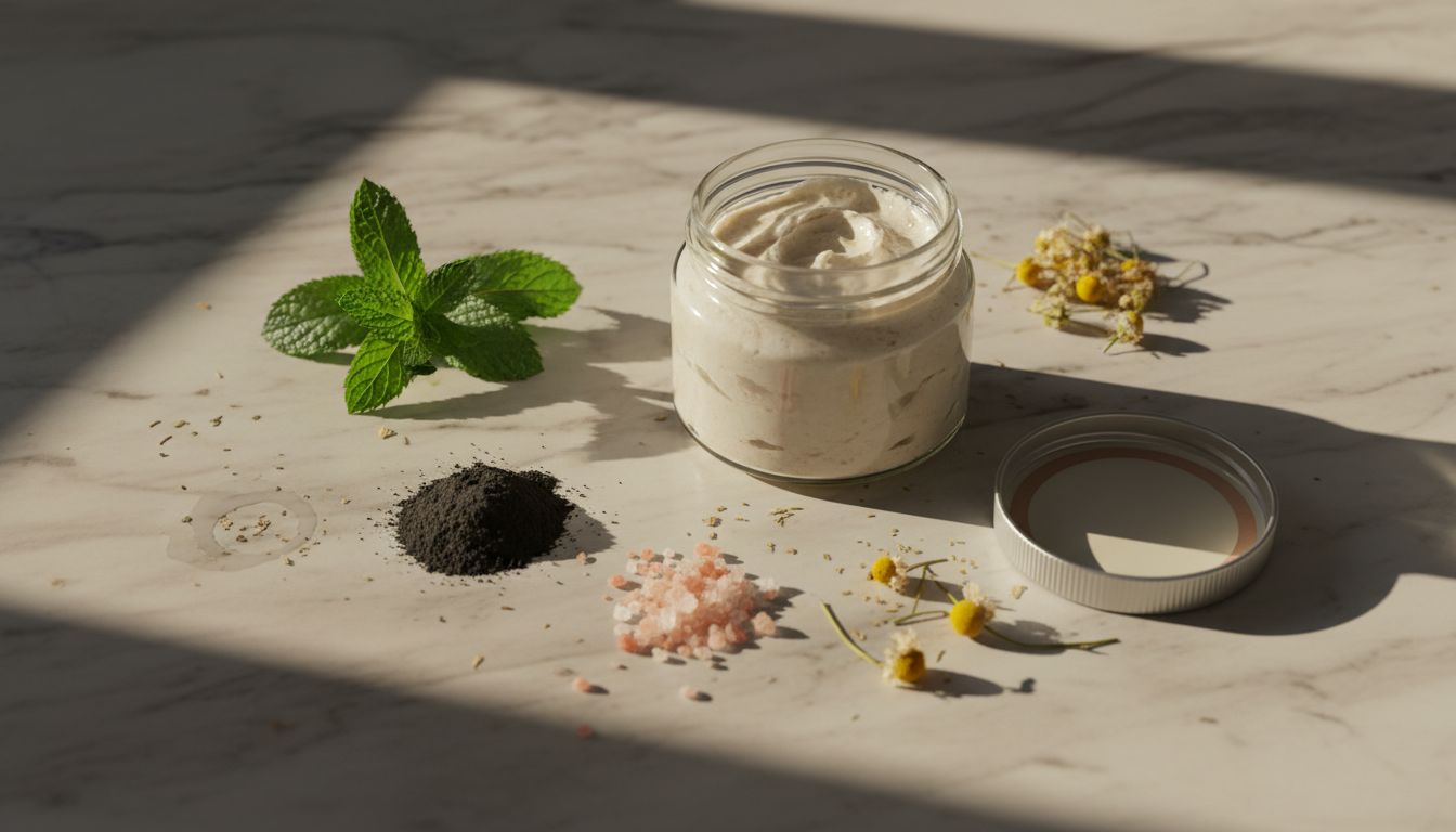 Natural toothpaste ingredients arranged on counter