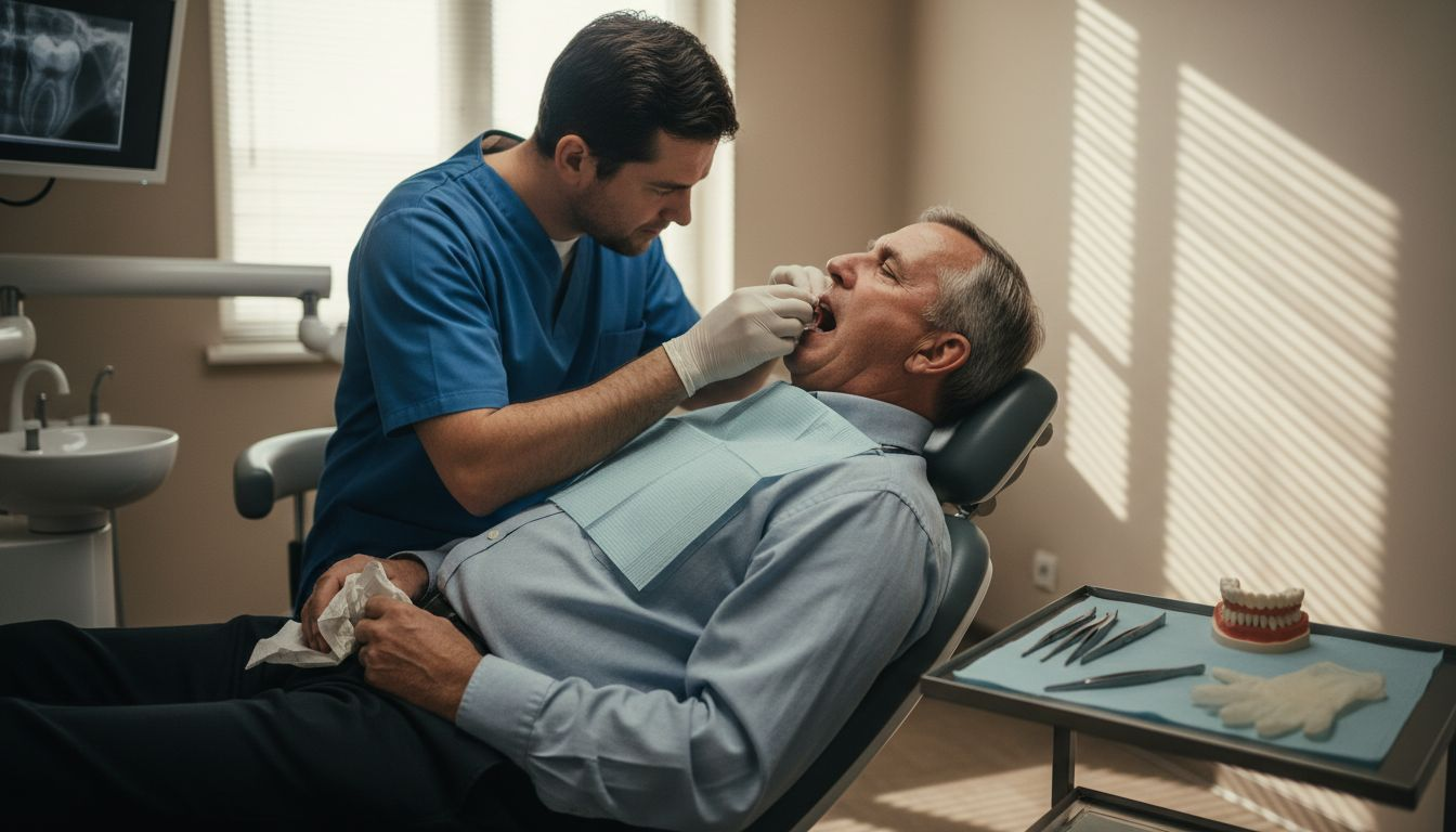 De tandarts brengt een kroon aan.