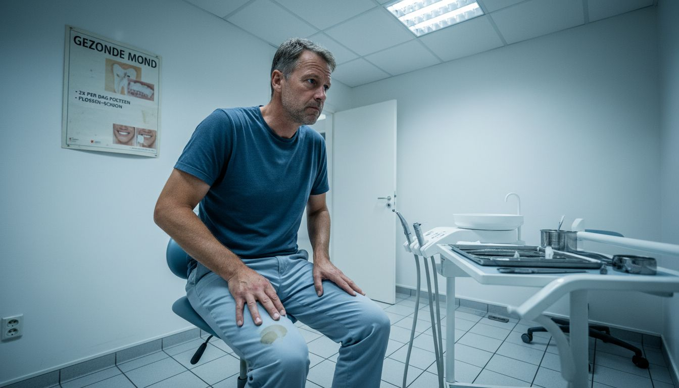 Man vertoont duidelijke spanning in de tandartsstoel