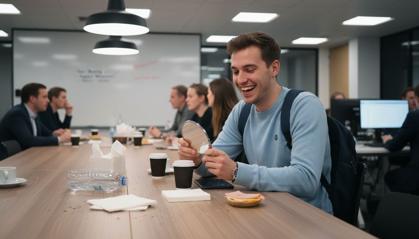 In de kantine werpt een jonge man een snelle blik op zijn glimlach in het raam.