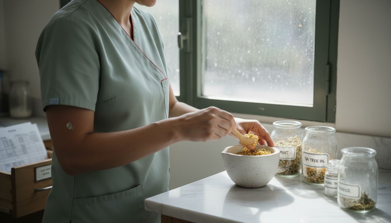 Hygienist preparing herbal dental ingredients
