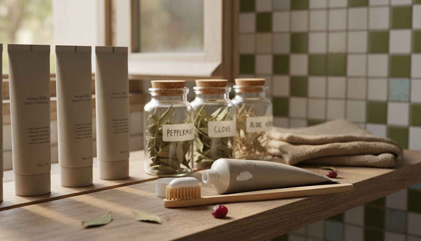 Natural toothpaste ingredients near bathroom shelf