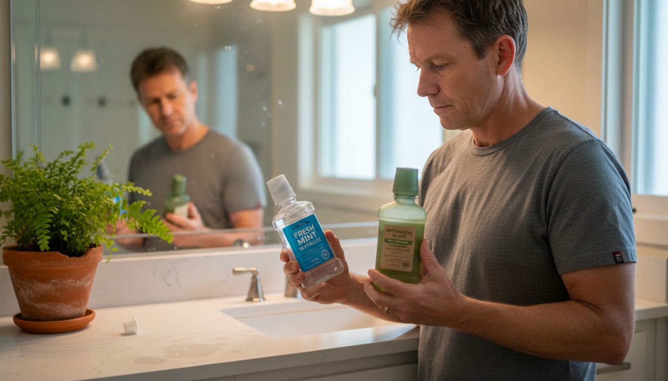 Man comparing botanical and conventional mouthwash