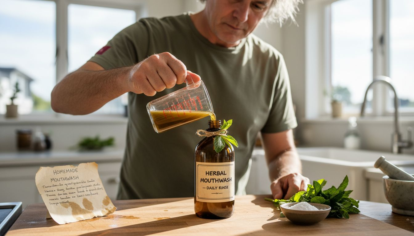 Man preparing herbal mouthwash at kitchen counter