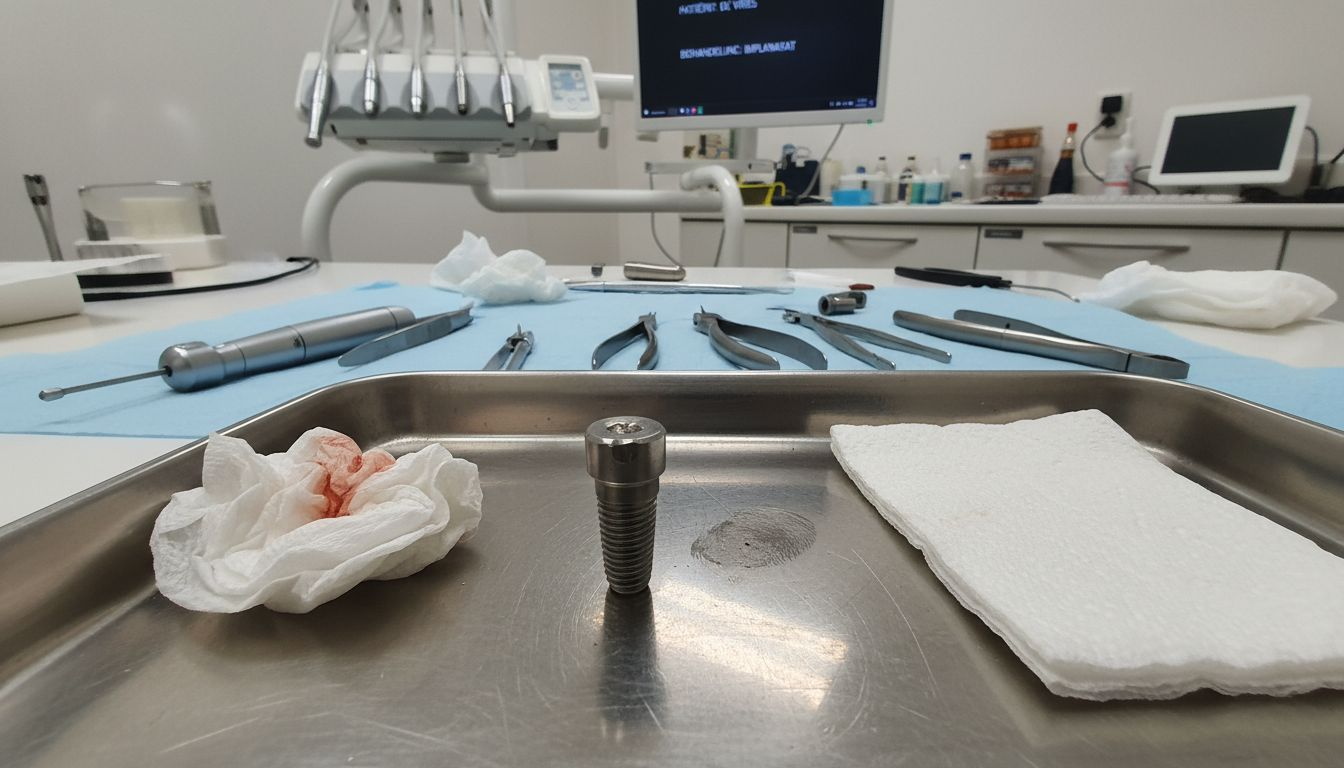 Een titanium implantaat ligt klaar op het instrumentenbakje, scherp in beeld gebracht.