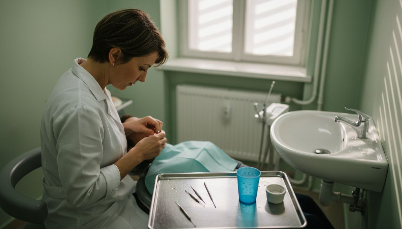 De tandarts is bezig met een wortelkanaalbehandeling en gebruikt daarbij speciale instrumenten.