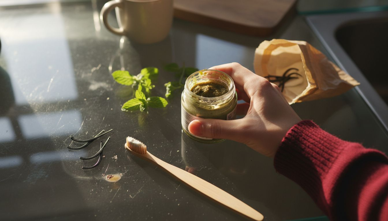 Herbal paste and natural dental tools closeup