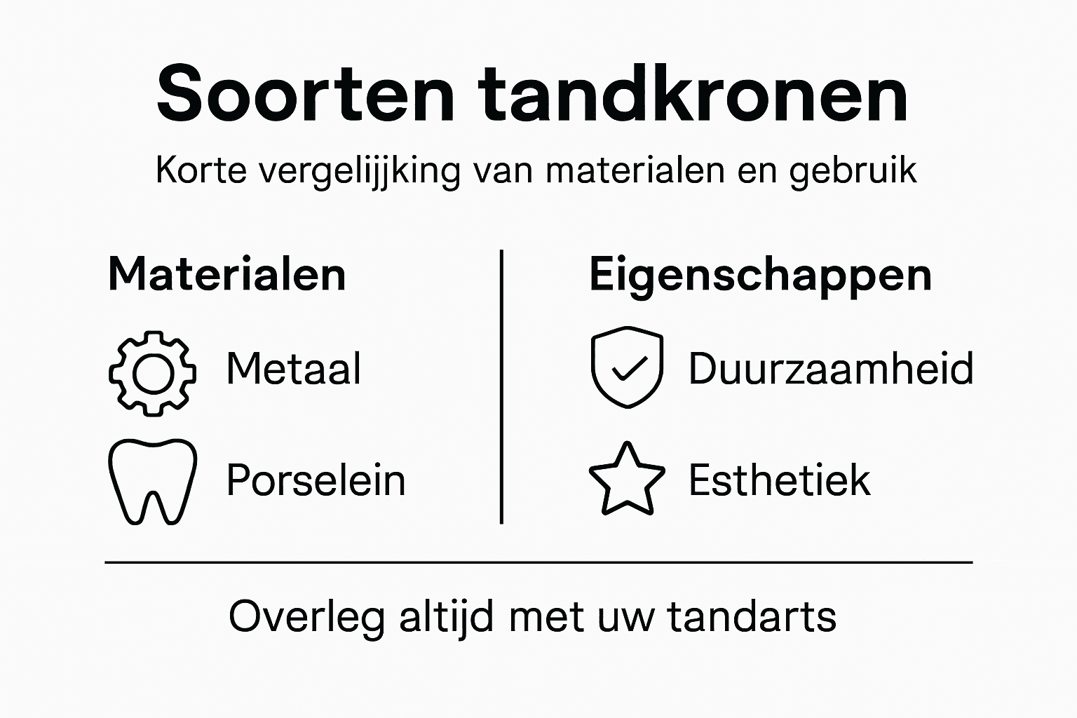 Overzichtelijke infographic met de verschillende materialen voor tandkronen en hun specifieke eigenschappen