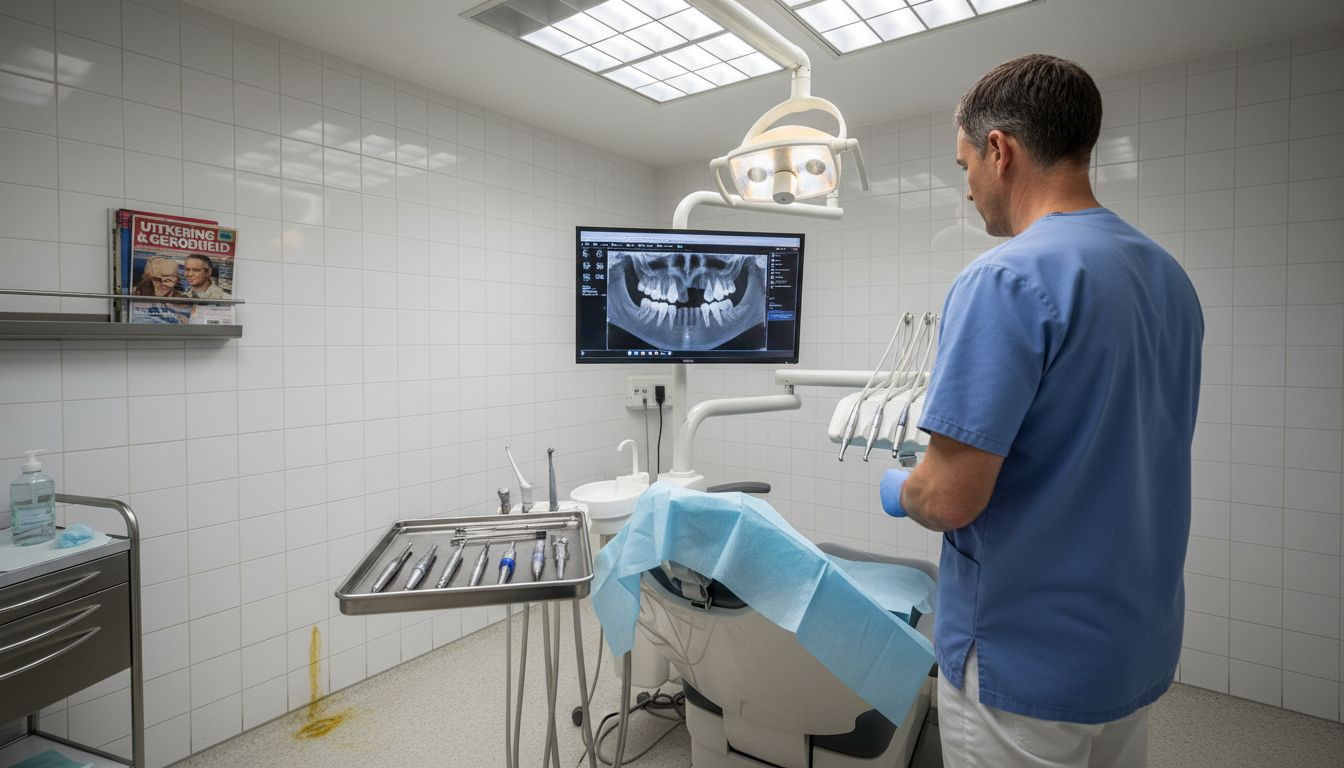 De tandarts treft de nodige voorbereidingen voor het plaatsen van een implantaat.