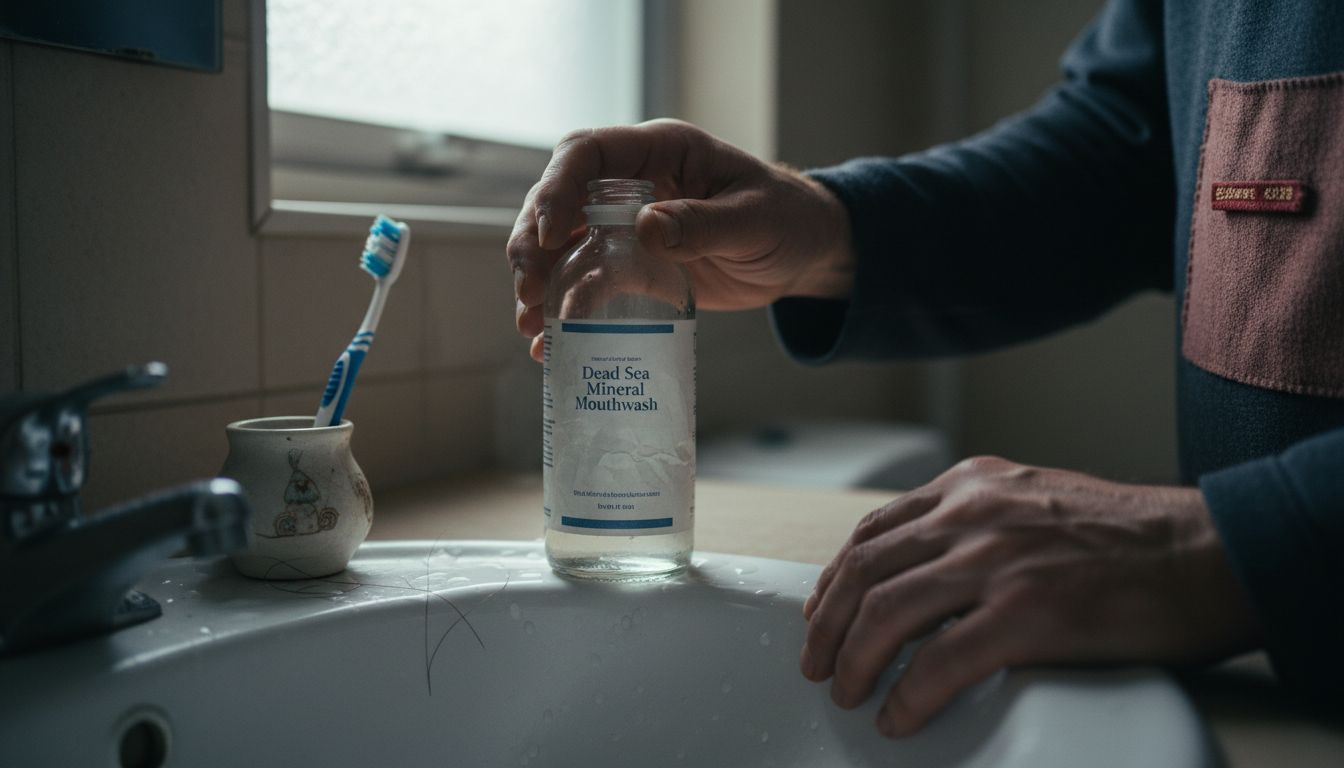 Bottle of mineral mouthwash by bathroom sink