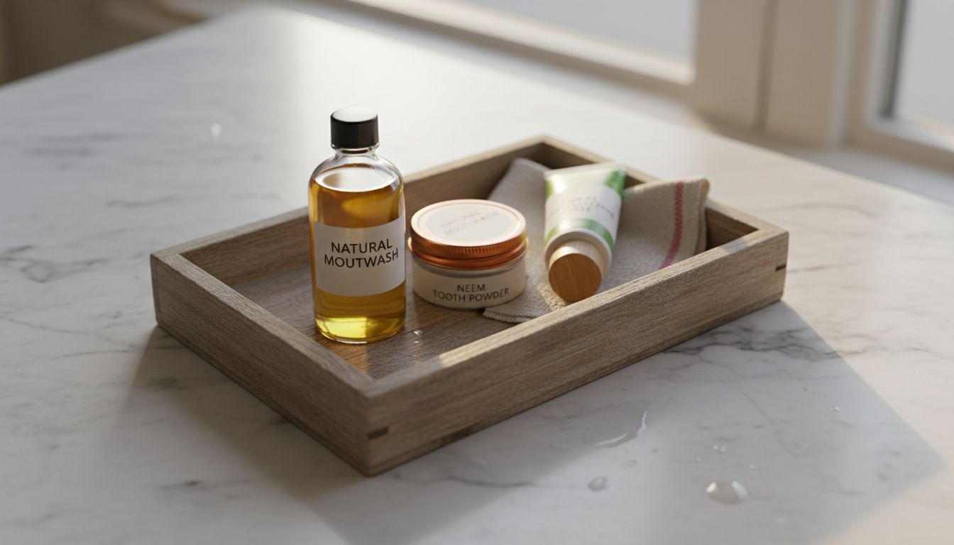 Natural oral care products on wooden tray