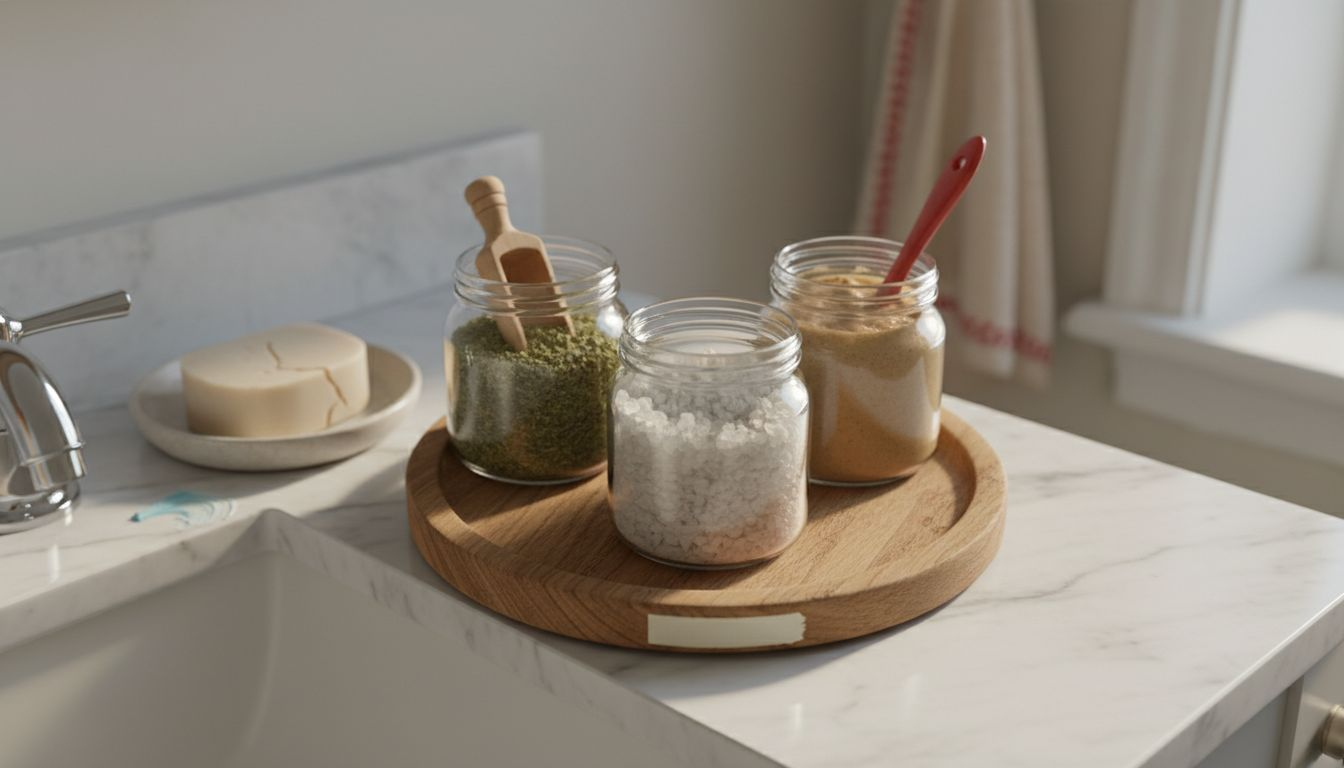 Close-up of natural oral ingredients jars
