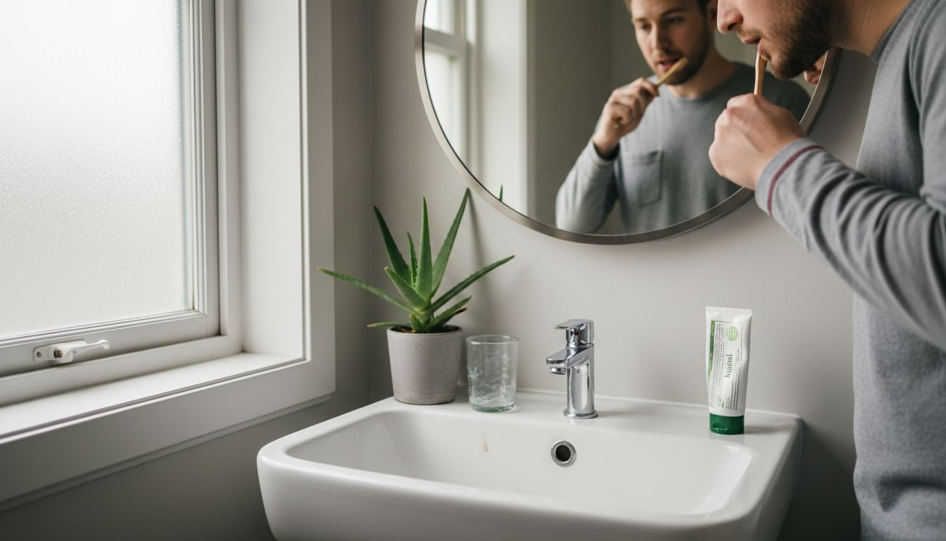 Man brushing teeth with bamboo toothbrush