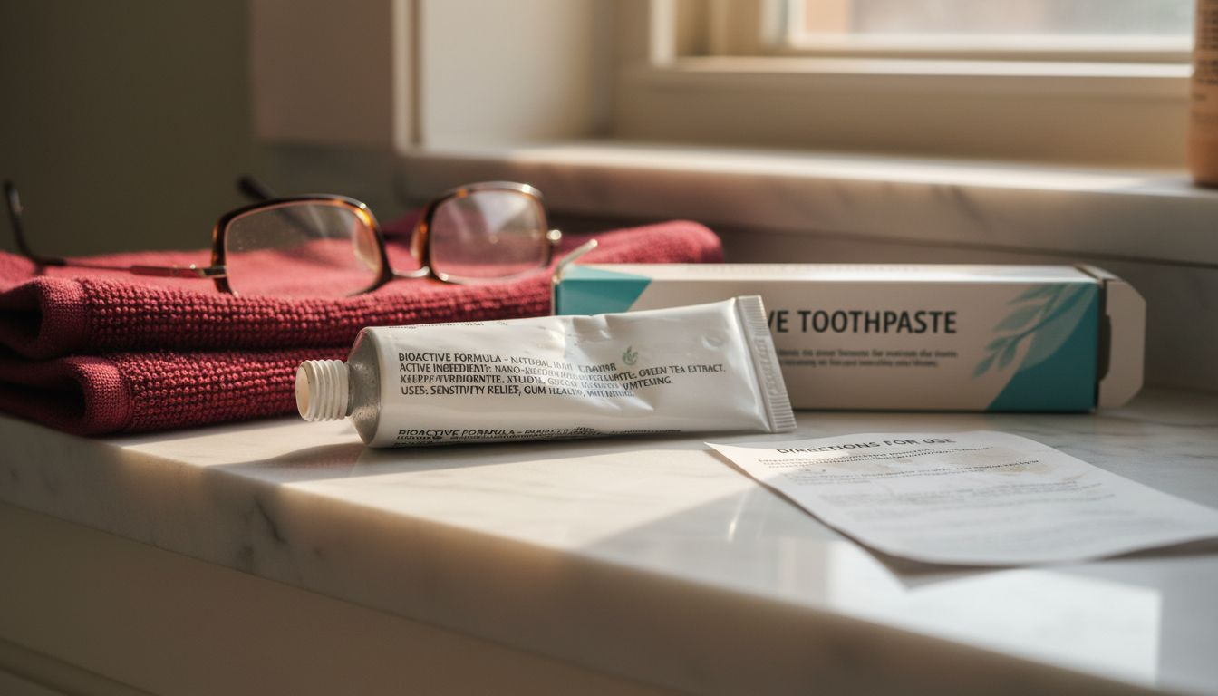 Bioactive toothpaste label and packaging details
