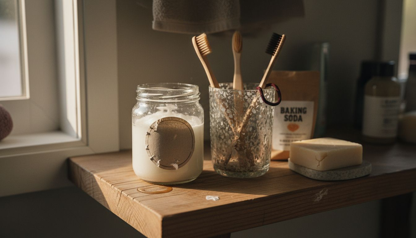 Natural oral care products on pine shelf