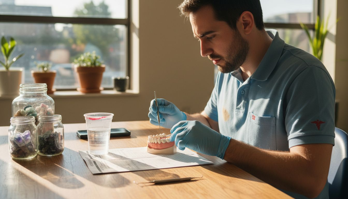 Dental hygienist examines tooth and gum model