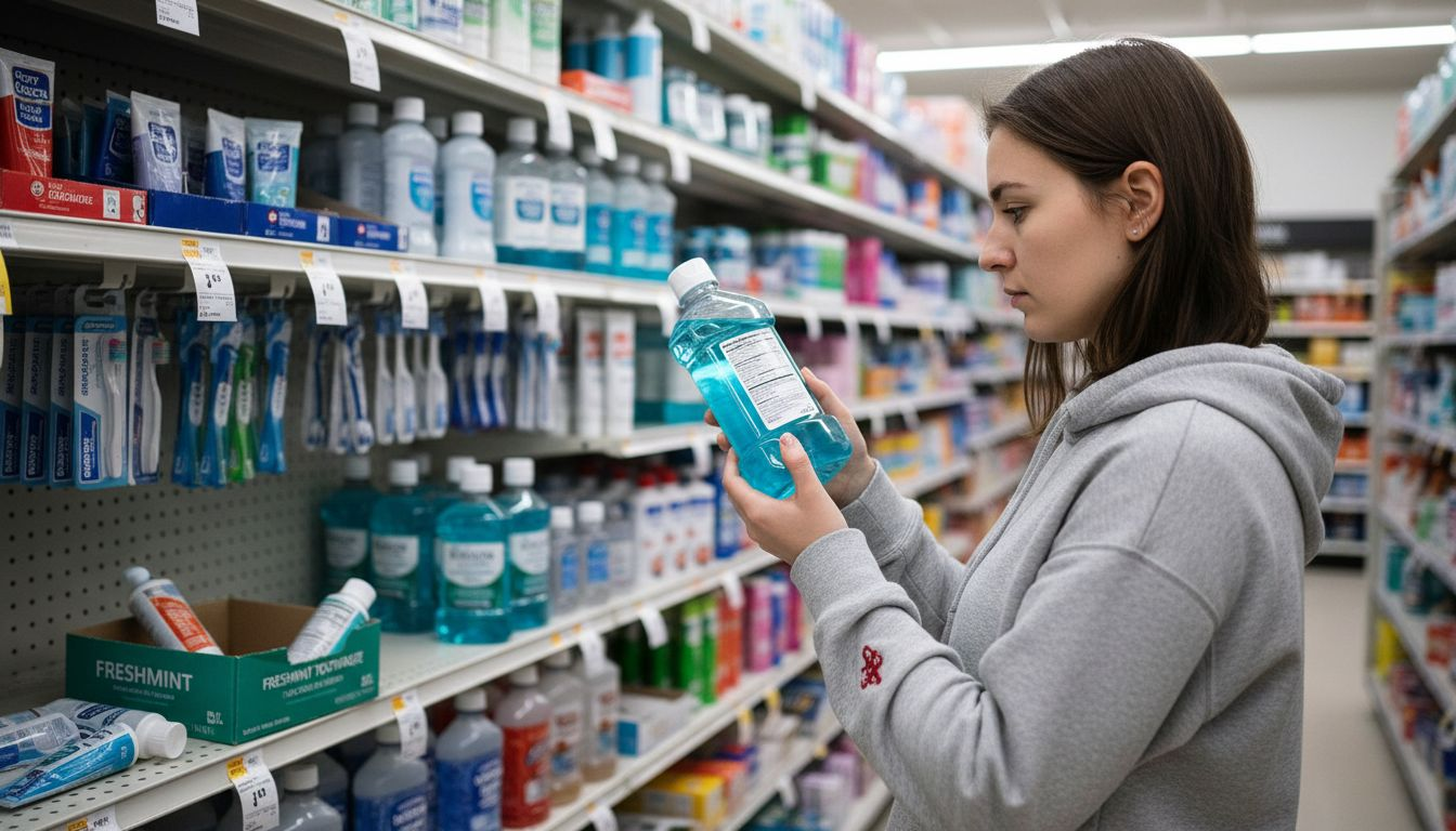 Woman checking ingredient label on mouthwash