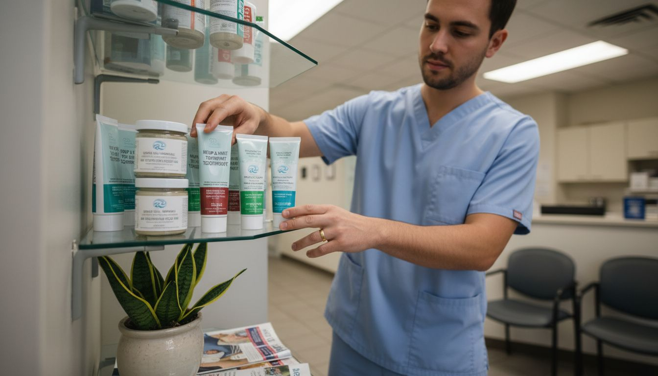 Dental professional arranging hemp and mineral oral products