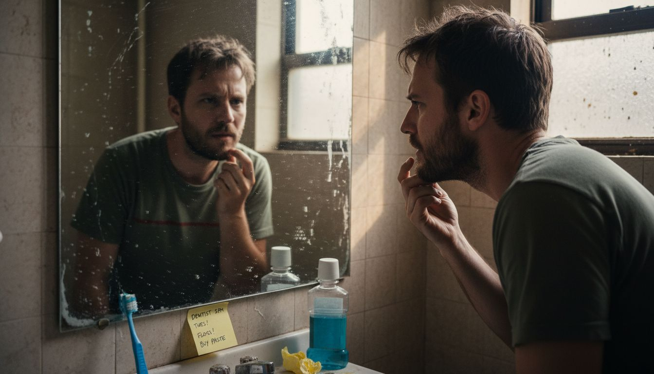 Man assessing oral health in bathroom