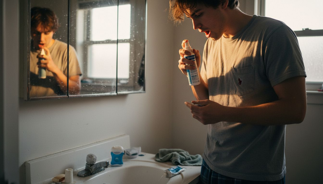 Man reading oral spray label in bathroom