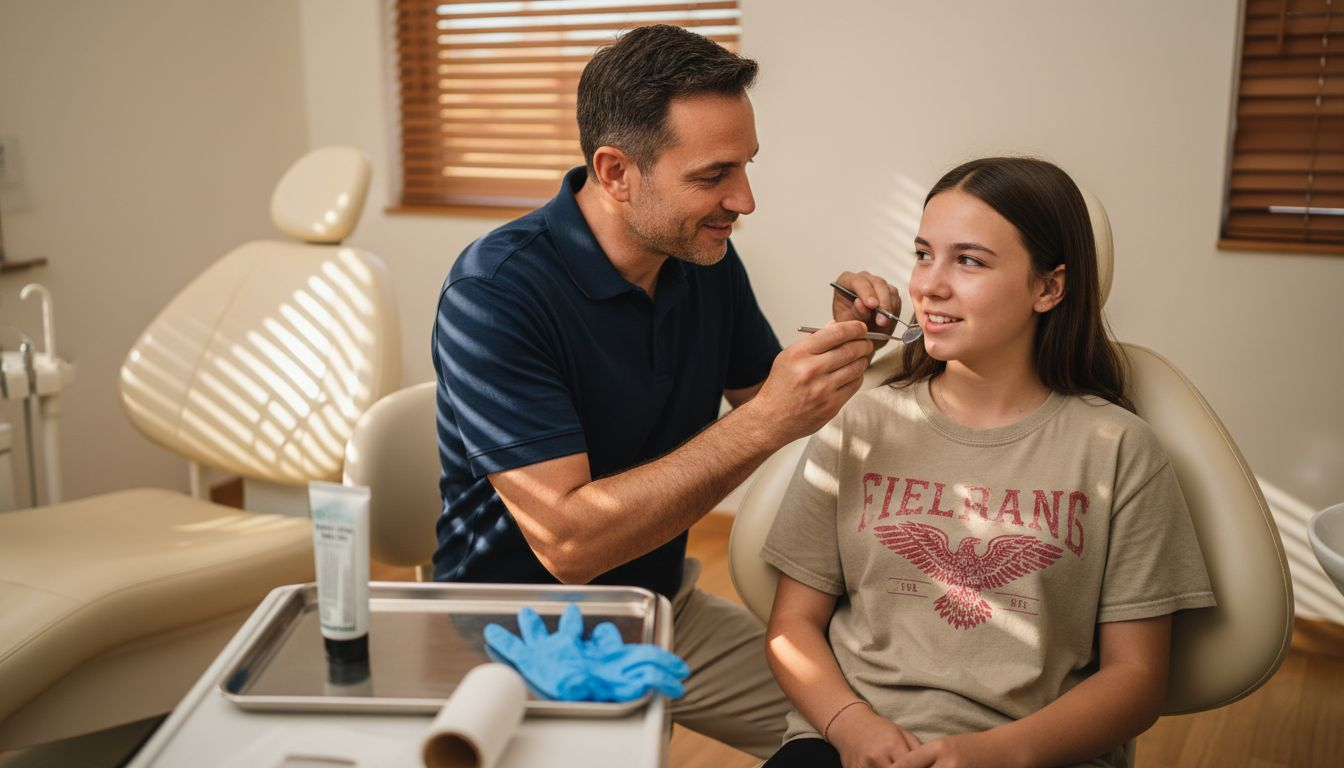 Dentist examining girl’s sensitive gums