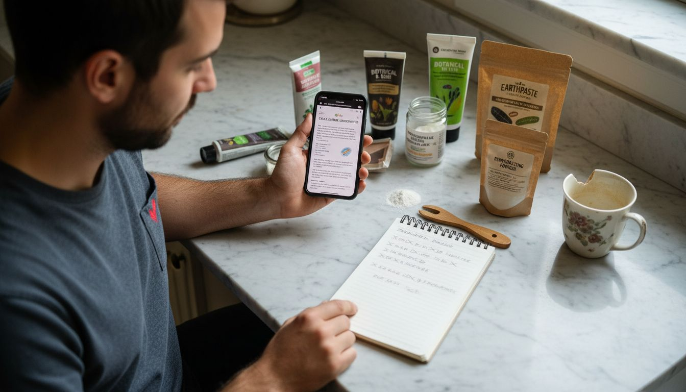 Man choosing natural oral care kit products