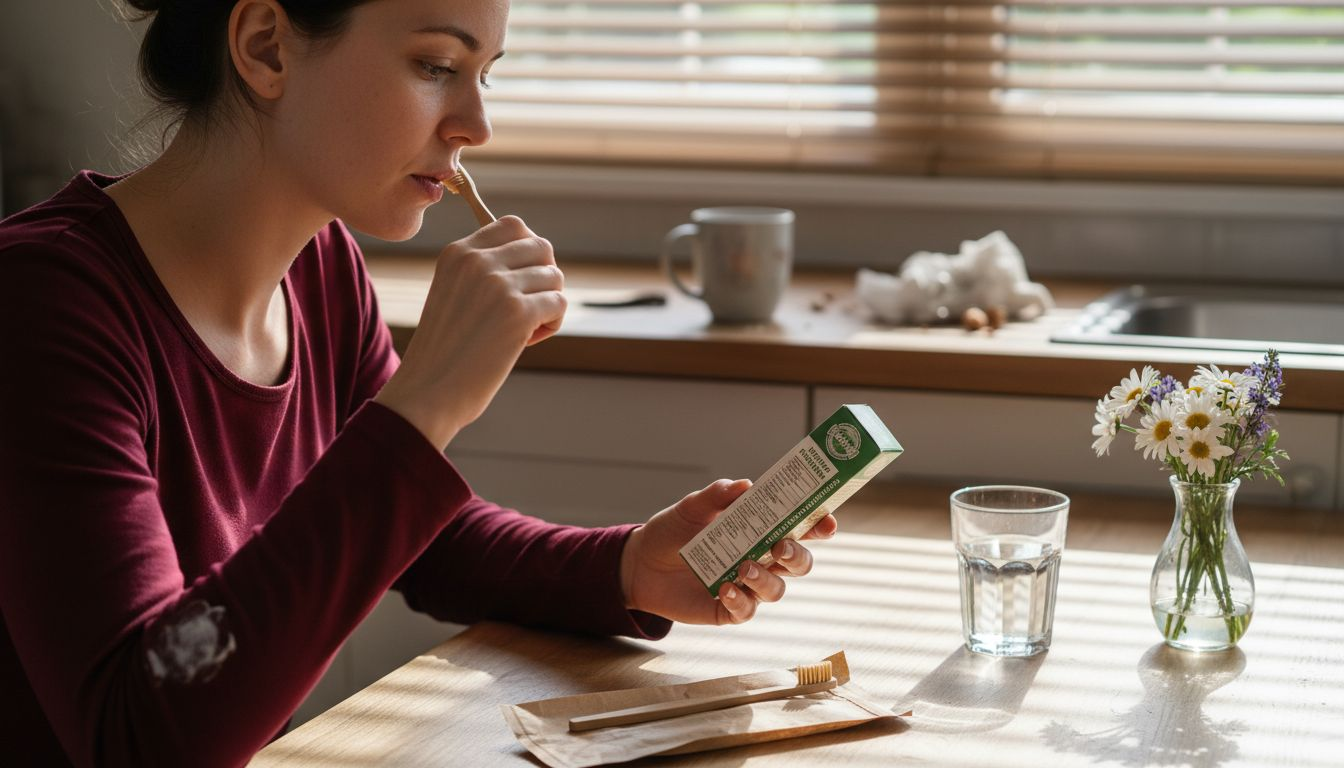 Woman brushing with botanical toothpaste kitchen