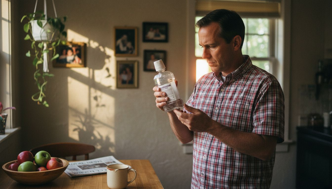 Man reads mouthwash label at kitchen table