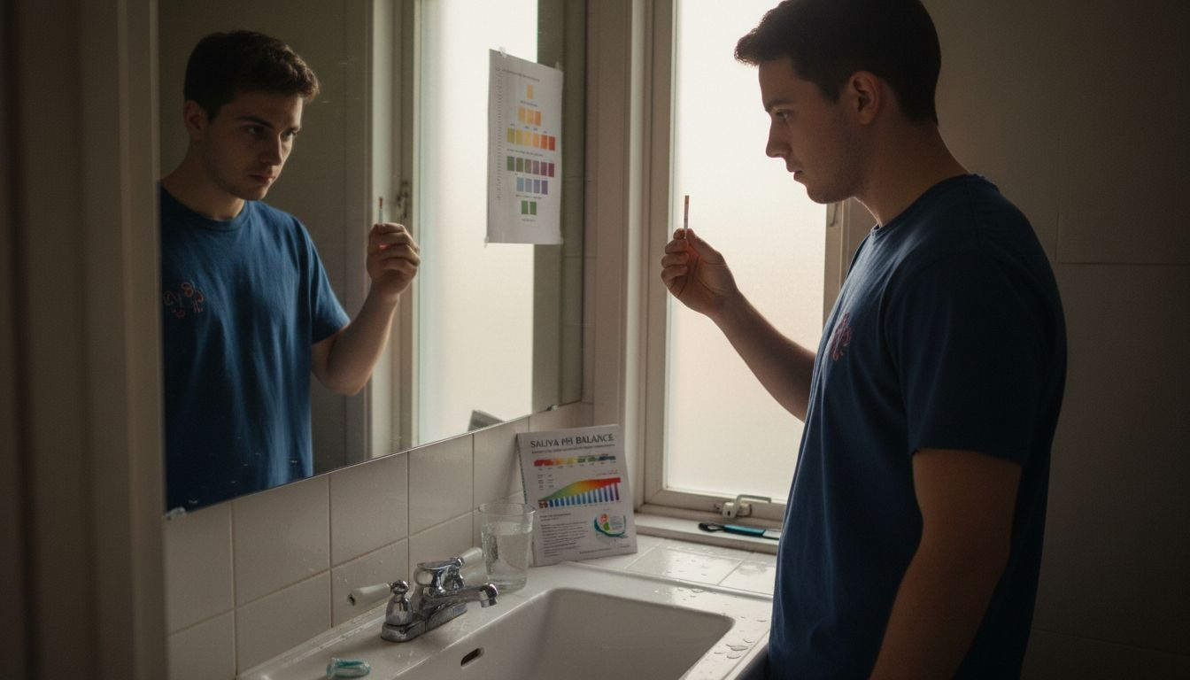 Man using saliva pH test in bathroom