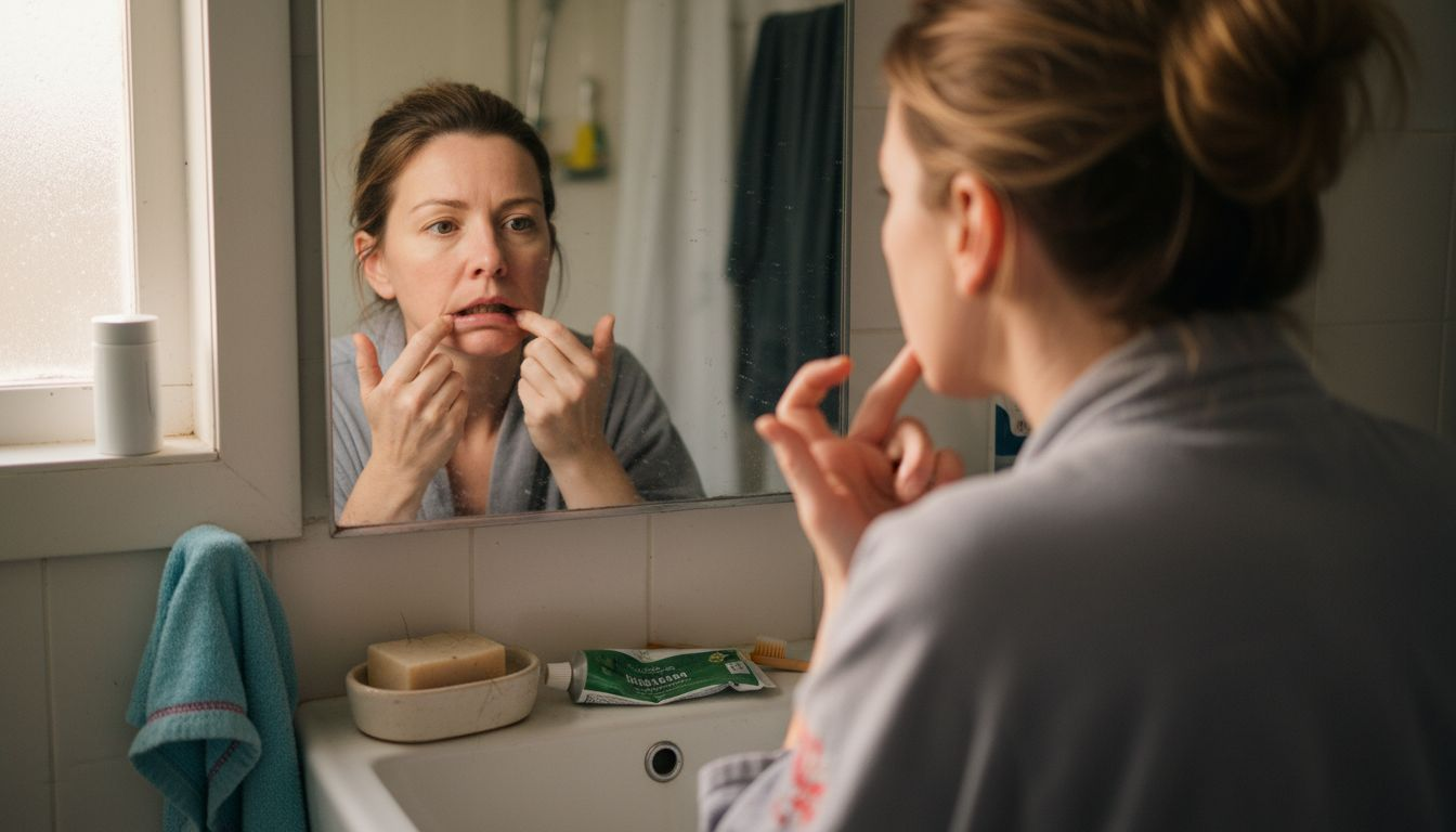 Woman inspecting gums for sensitivity symptoms