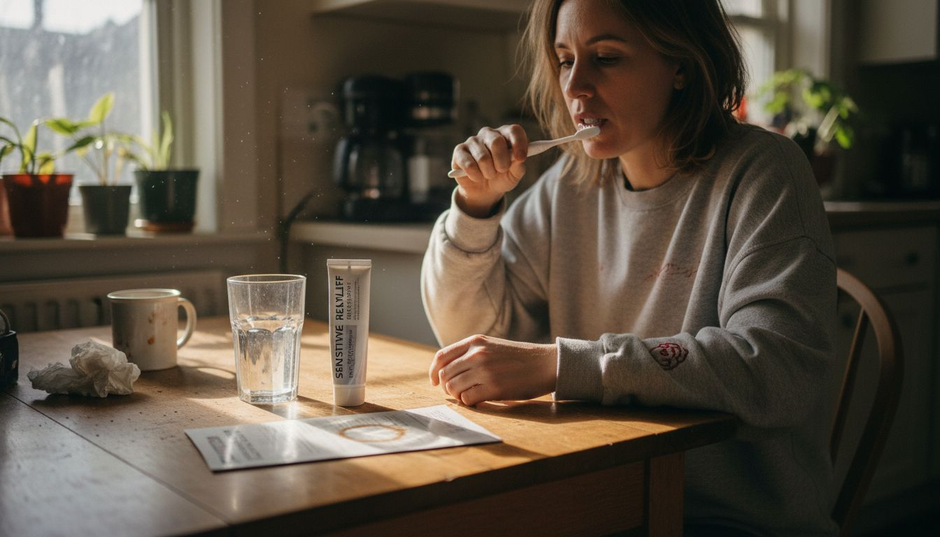 Woman using sensitivity relief toothpaste at home