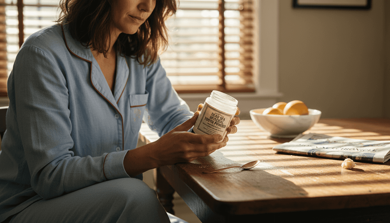 Woman reading natural dental product ingredients
