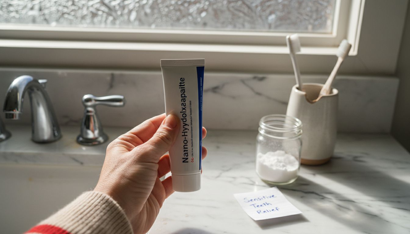 Hand holding nano-hydroxyapatite toothpaste tube