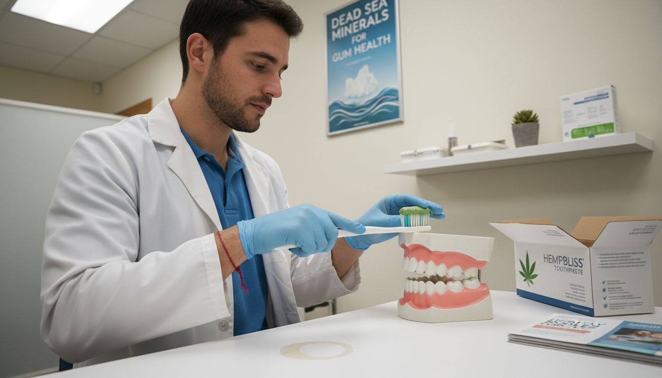 Hygienist showing hemp toothpaste with dental model