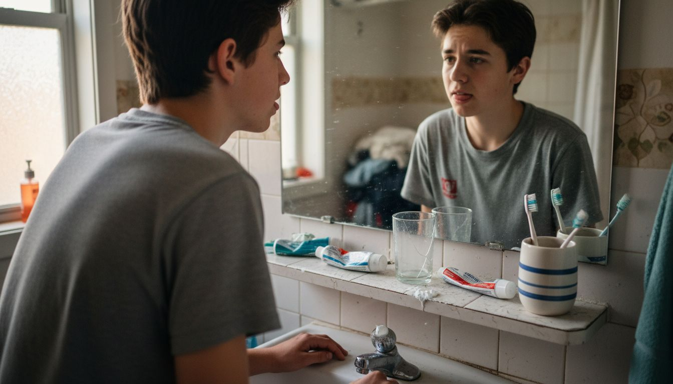 Teen boy checks teeth for enamel loss
