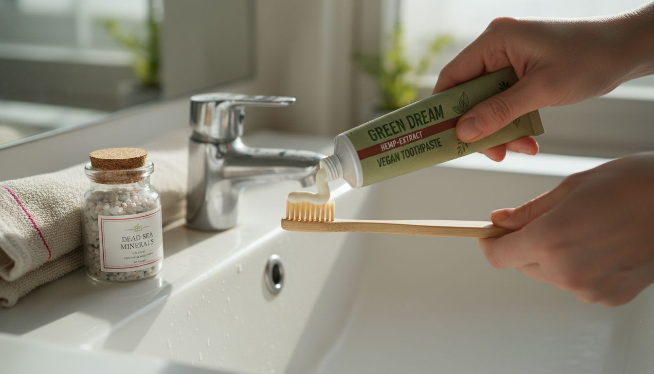 Close up of hemp toothpaste and bamboo toothbrush