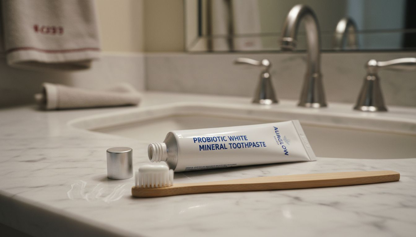 Close-up probiotic whitening toothpaste on counter