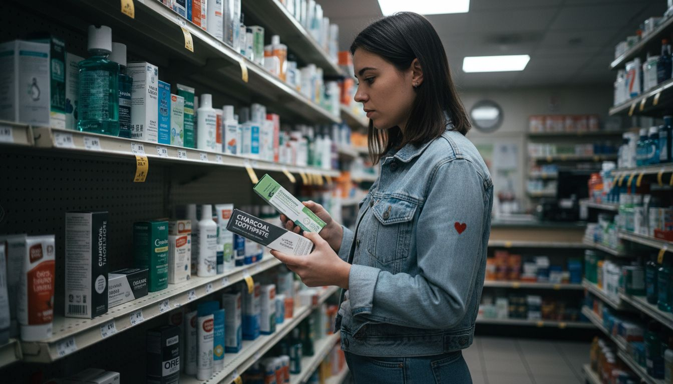 Woman examines natural dental product labels