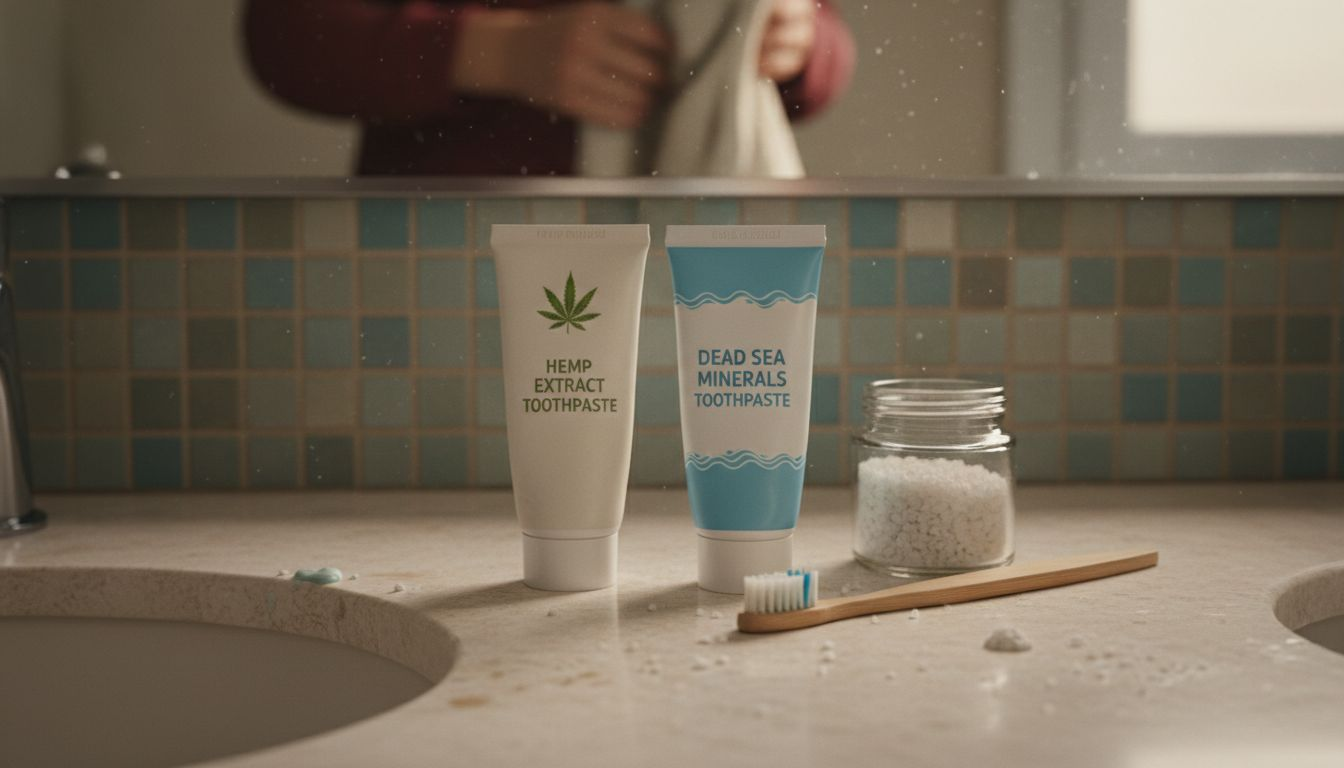 Dead Sea minerals and hemp toothpaste tubes close-up
